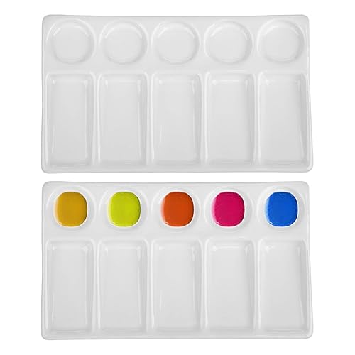 Jucoan 2 Pack 10-Well Ceramic Watercolor Painting Palette, 7-1/2 x 4-1/4 Inch Rectangle Porcelain Artist Paint Palette Mixing Tray for Watercolor, Gouache, Acrylic