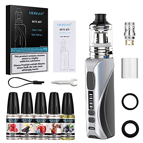 E Zigarette 75W, MONVAP M75 Starter Set 2600mAh Build-in Vape, Top Refill Verdampfer 0,3 ohm 2ml E Dampfer ohne Nikotin 0.0mg (M75) - M75