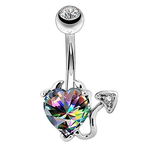 OUFER 14G Edelstahl Navel Rings Devil Heart Belly Button Rings Iridescent CZ Body Piercing Bananabells Bauchnabel Ring white - White Gold