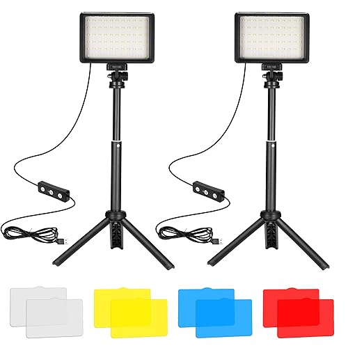 Ci-Fotto LED Video Light 2-Pack, 5600K Dimmable USB Photo Lights with Mini Tripod and Colored Filters for Photo Studios, Small Angle Shooting, Video Recording, Game Streaming