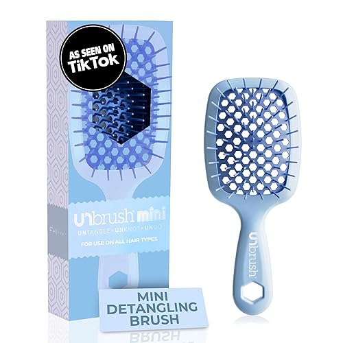 FHI Heat UNbrush Mini Detangler Brush for Pain-Free Brushing on All Wet or Dry Hair Types — Durable Duoflex Anti-Static Bristles, Lightweight Handle, Vented Mini Hair Brush - Periwinkle Light Blue