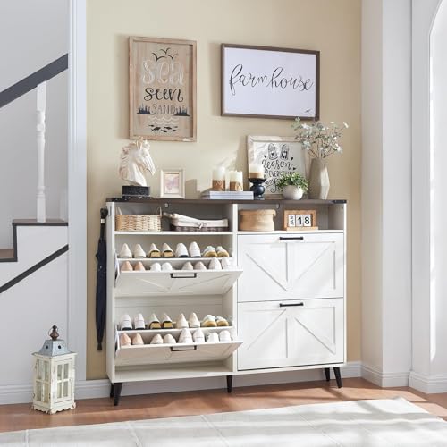 Barnyatoh Shoe Storage Cabinet,Farmhouse Shoe Organizer with 4 Flip Drawers & Barn Door Design,Freestanding Hidden Slim Narrow Shoe Rack Cabinet with Open Shelves for Entryway,Foyer,Hallway,White - Antique White - 4-Drawers