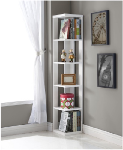 White Finish Wood Wall Corner 5-Tier Bookshelf Bookcase