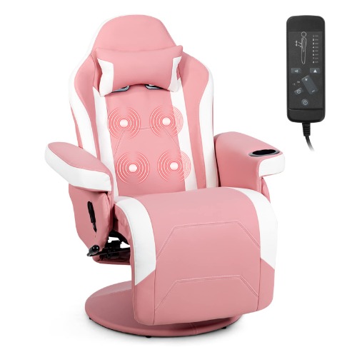 Reclining Swivel Ergonomic Massage Gaming Chair With Footrest, Headrest and Cup Holder