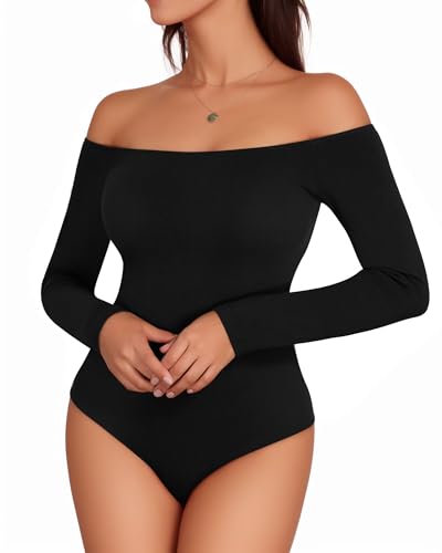 Off The Shoulder Long Sleeve Short Sleeve Bodysuit for Women - Long Sleeve Black - Small