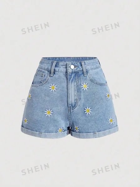 Women's Daisy Embroidery Rolled Hem Denim Shorts