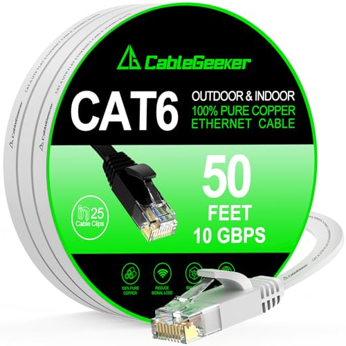 Cat 6 Ethernet Cable 50 ft, Support Cat8 Cat7, 10Gbps High Speed Flat Internet Network Cable with 25 Clips+4 Straps, White Computer Wire, RJ45 LAN Patch Cord for Outdoor&Indoor, Modem, Router, PS4/5 - White - 50ft