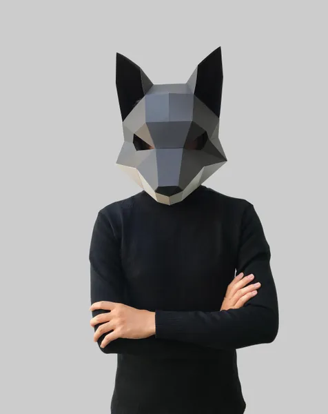 Silver fox mask template - paper mask, papercraft mask, masks, 3d mask, low poly mask, 3d paper mask, paper mask template, animal mask