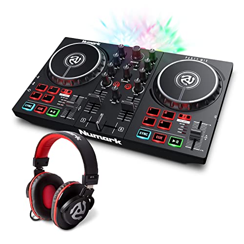 DJ Controller Bundle - USB DJ Set with Party Lights, 2 Decks, DJ Mixer, Audio Interface and DJ Headphones - Numark Party Mix II and HF175 - with Party Lights