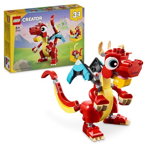 LEGO Creator 3in1 Red Dragon Toy to Fish Figure to Phoenix Bird Model, Animal Figures Set, Gifts for 6 Plus Year Old Boys, Girls and Kids 31145 - Single