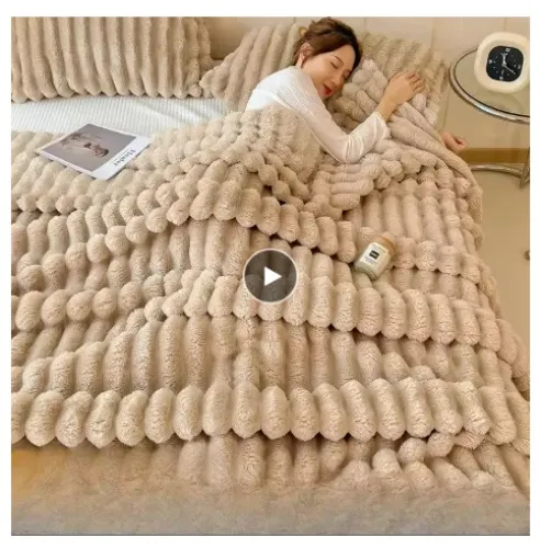            Ultra Soft Faux Rabbit Fur Throw Blanket Warm Plush Striped Blankets Conditioning Quilt Fluffy Throws for Couch Chair Sofa