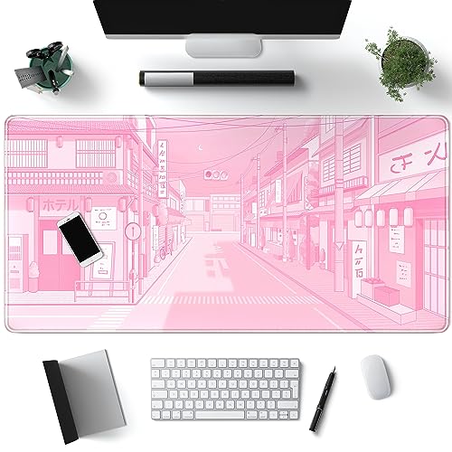 Pink Desk Mat Tokyo Street Desk Mat Anime Japanese Mouse Pad XL Kawaii Large Gaming Mousepad XXL, Cute Desktop Mat Laptop Keyboard Mouse Mat Desk Pad Big 31.5x15.7 in with Stitched Edges Non-Slip - Light-pink