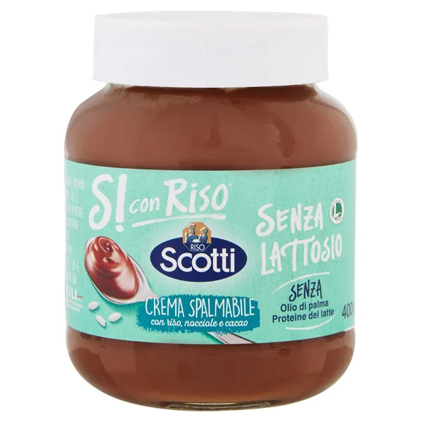 Riso Scotti, Si con Riso, Crema Spalmabile con Riso, Nocciole e Cacao, Crema di Nocciole Senza Lattosio, Senza Glutine e Senza Olio di Palma, Senza Proteine del Latte, 400 gr