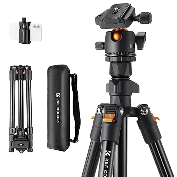 K&F Concept 64 inch/163cm Camera Tripod,Lightweight Travel Outdoor DSLR Tripods with 360 Degree Ball Head Load Capacity 8kg/17.6lbs,Cellphone Clip for Smartphone Live Streaming Vlog K234A0+BH-28L - Black and Orange