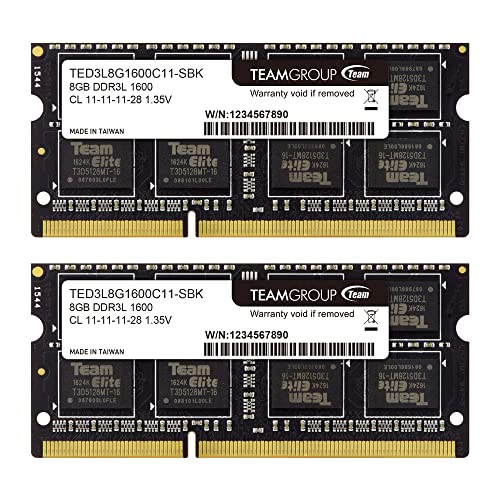 TEAMGROUP Elite DDR3L 16GB Kit (2 x 8GB) 1600MHz PC3-12800 CL11 Unbuffered Non-ECC 1.35V SODIMM 204-Pin Laptop Notebook PC Computer Memory Module Ram Upgrade - TED3L16G1600C11DC-S01 - 1600MHz -16GB Kit (2x8GB)