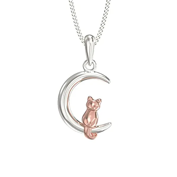 Aeon Jewellery Cat & Moon Necklace - 925 Sterling Silver & Rose Gold Plating | Adjustable 16-18 Inch Chain | Polishing Cloth & Gift Box Included | Gifts for Birthdays & Special Occasions for Women