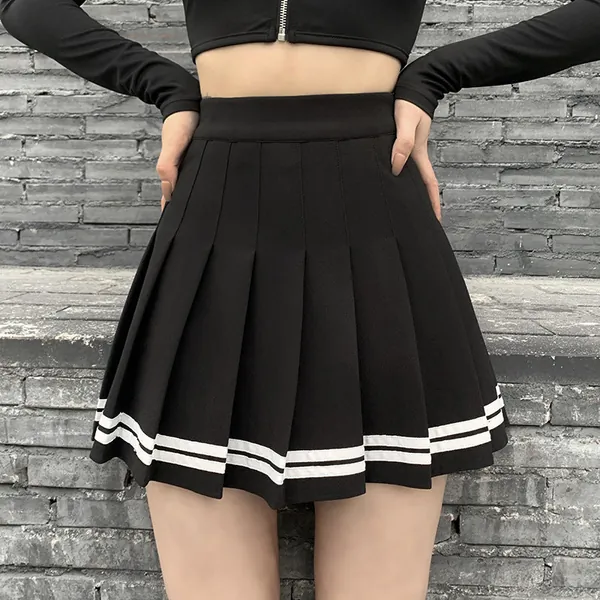 'Deadly Delight' Black Grunge Skirt with White Stripes - black / M