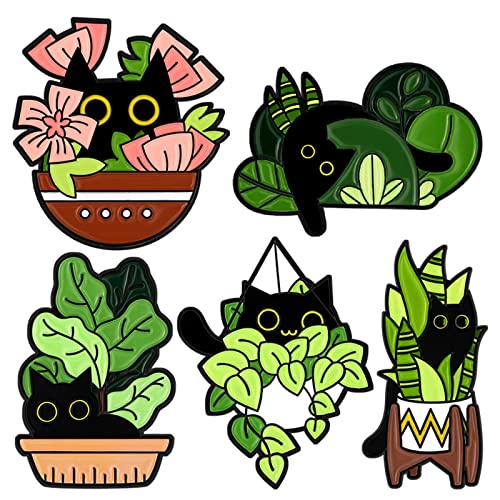 Cats Hidden in Potted Plants Enamel Pins Set, Cute Black Cat Pins for Women Kids, Animal Enamel Brooch Badges Pins for Bags Clothing - YD135