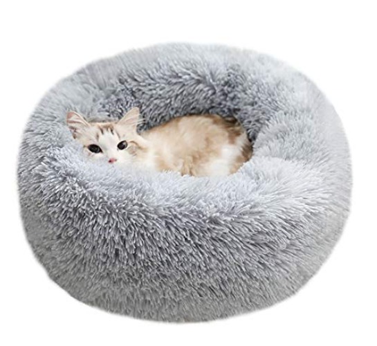 BODISEINT Modern Soft Plush Round Pet Bed for Cats or Small Dogs, Mini Medium Sized Dog Cat Bed Self Warming Autumn Winter Indoor Snooze Sleeping Cozy Kitty Teddy Kennel (24'' D x 8'' H, Light Grey) - Medium 24'' - Light Grey