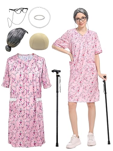 Cupohus Women's Old Lady Wig Costume Set, 100 Days of School Adult Granny Dress Cosplay, Grey Wig, Cane, Floral Dress Outfit - Pink - L/XL