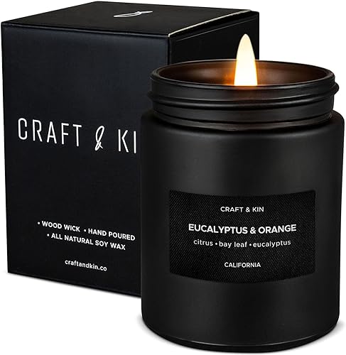 Craft & Kin Eucalyptus & Orange Candle | Premium Scented Candles for Home | Eucalyptus Candle, Fall Candles, Black Candles, Long Lasting Candles with 45 Hour Burn Time 7.6oz - Eucalyptus & Orange - Black Jar - 7.6oz