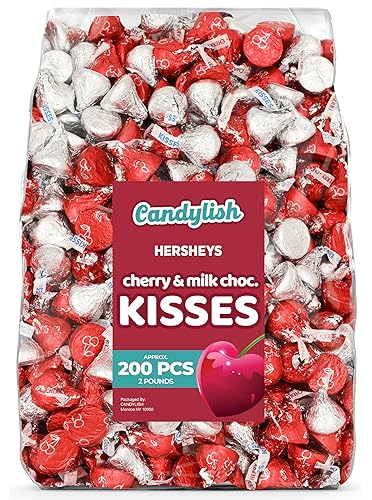 Hershey's Kisses Cherry & Milk Chocolate - 2 LB Bulk Candy, Approx. 200 Pieces in Red and Silver Foil - Cherry - Milk Chocolate 2LB