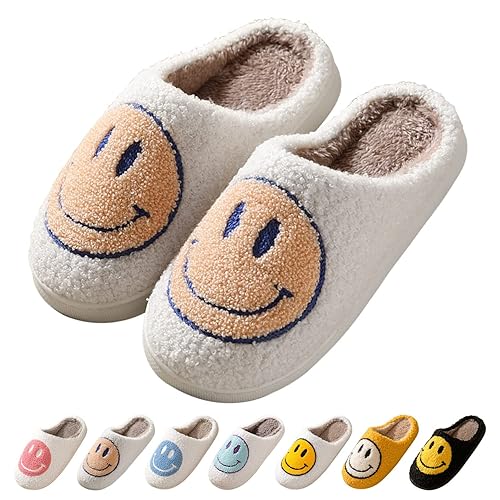 Smile Face Slippers for Women Happy face slippers Retro Soft Plush Warm Slip-on Slippers, Cozy Indoor Outdoor Slippers