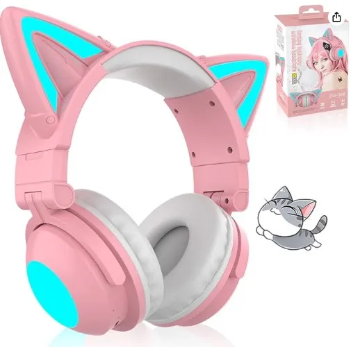 Cute Cat Ear Bluetooth Headphones with Built-in Mic, Over Ear Wired Headphones with LED Lights, Foldable Wireless Headset with Cat Ear for Traveling, Gift for Boys Girls Teens Adult (Pink)