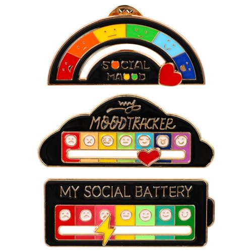 3PCS Social Battery Pin, My Social Battery Emotional Slider Pin for Women Men Expressing Mood, Creative Funny Enamel Lapel Pins for Introverts Interactive - Black