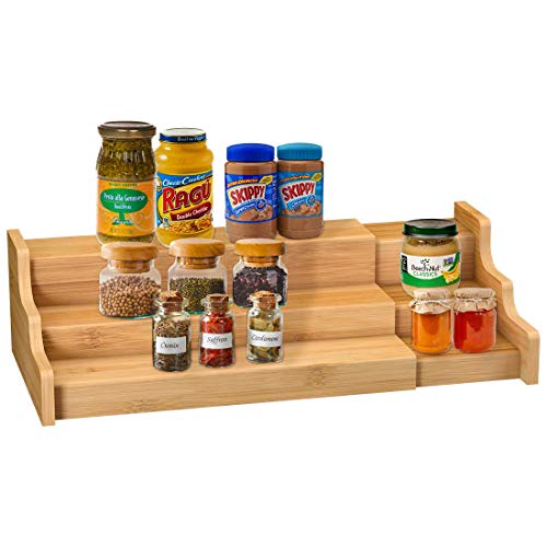 Spice Rack Kitchen Cabinet Organizer- 3 Tier Bamboo Expandable Display Shelf - Black