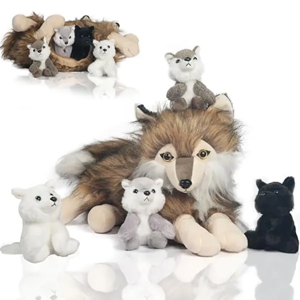 Plush Wolf with 4 Cubs Toy Set 16 Inch Mommy Wolf Stuffed Animal with 4 Wolf Babies in Zippered Pouch, Cute Nurturing Stuffed Wolves for Kids Birthday Halloween Christmas Holiday Surprise Gifts