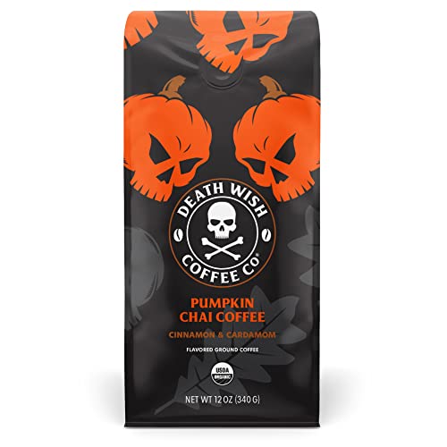 DEATH WISH COFFEE Organic Pumpkin Spice Dark Roast Coffee Ground [12 oz.] Fair Trade, Arabica, Robusta, Chai, Cardamom, Cinnamon, and Ginger Infused Spices - Pumpkin - 12 oz (Pack of 1)