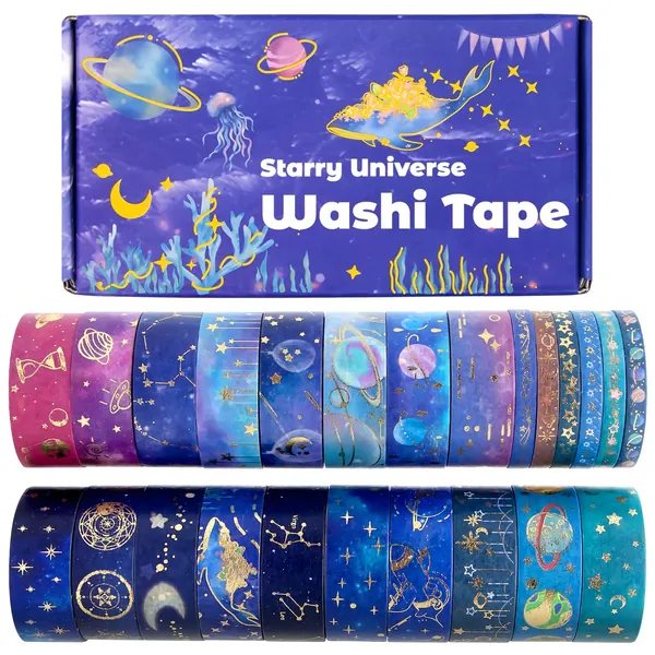 24 Rolls Washi Tape Set - Gold Foil Galaxy Decorative Masking Tape Constellation, Stars, Celestial, Adhesive Tape for Bullet Journal, DIY Craft, Scrapbooking Supplies, Gift Wrapping, Party Decoration - 