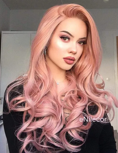 eNilecor Pink Lace Front Wigs,Long Curly Synthetic Color Lace Wig Hair Replacement Wigs for Women 22 Inches with Wig Cap (Pink) - Pink