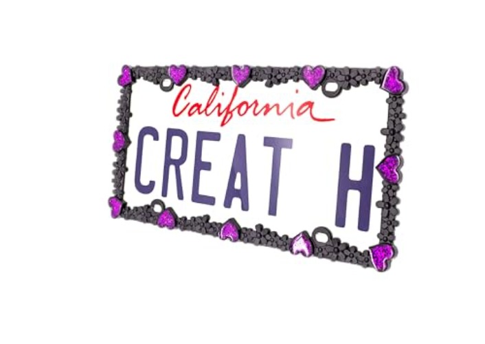 Creathome 3D Shining Daisy Heart License Plate Frame from Pure Zinc Alloy Metal Perfect Plate Holder, Matt Black with Purple Glitter, Luminously Heart - Matt Black with Purple Glitter, Luminously Heart