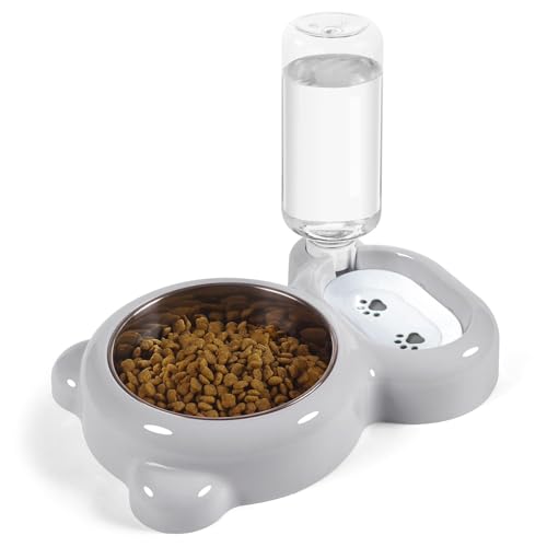 Azwraith Dog Bowls, Cat Food and Water Bowl Set with Water Dispenser and Stainless Steel Bowl for Cats and Small Dogs - Grey - Grey