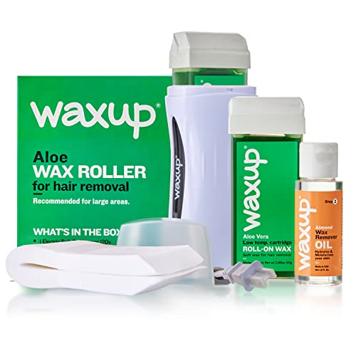 waxup Roll on Wax Kit for Hair Removal, Roller Waxing Kit for Women, 1 Portable Wax Warmer, 25 Non Woven Waxing Strips, 2 Aloe Wax Roller Kit Refill, 1 Almond Oil Wax Remover - Aloe