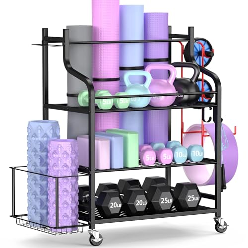 Mythinglogic Yoga Mat Storage Racks, Home Gym Storage Rack for Dumbbells, Foam Roller, Yoga Strap and Resistance Bands, Yoga Mat Holder, Workout Equipment Storage Organizer with Wheels and Hooks - Black