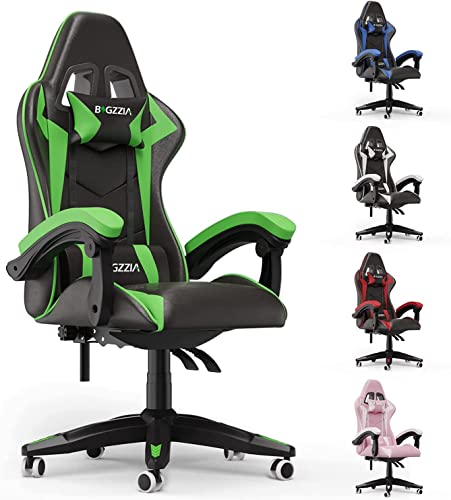 Bigzzia Gaming Chair Office Chair Reclining High Back Leather Adjustable Swivel Rolling Ergonomic Video Game Chairs Racing Chair Computer Desk Chair with Headrest and Lumbar Support (Black/Green) - Black/Green