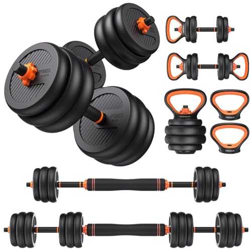 FEIERDUN Adjustable Dumbbells, 20lbs/30lbs//50lbs/70lbs/90lbs Free Weight Set with Connector, 4 in1 Dumbbells Set Used as Barbell, Kettlebells, Push up Stand, Fitness Exercises for Home Gym Suitable Men/Women - 90lbs