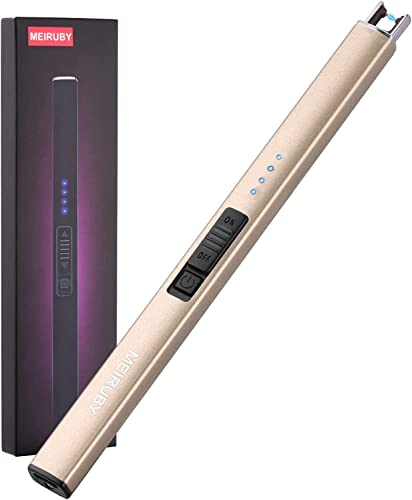 MEIRUBY Lighter Electric Candle Lighter Long Electronic Rechargeable USB Lighter Arc Windproof Flameless Lighters for Candle Camping BBQ Birthday Women's Day Gifts for Women Mom Wife Men, Gold - Champagne Gold