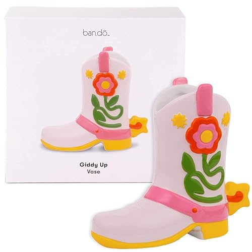 ban.do Small Cowboy Boot Vase, Cute Cowgirl Boot Vase, Colorful Ceramic Shelf Decor for Home or Office, Unique/Quirky/Funky/Fun Flower Vase Doubles as Pencil Cup, Giddy Up