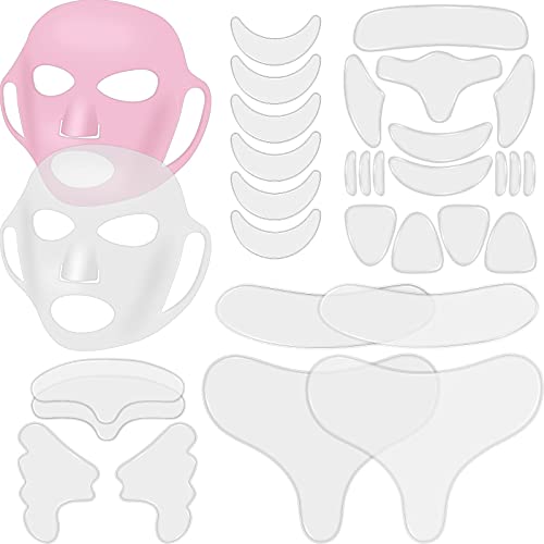 32 Pieces Facial Chest Neck Silicone Pad Reusable Face Forehead Patches Facial Sleeping Mask Cover for Smoothing Facial Chest Neck Forehead Eye Mouth - Clear, Milk White