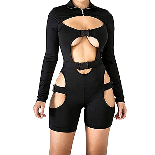 Mujeres Bodycon Jumpsuit Hebilla Cuello Alto Manga Larga Sexy Hollow out Rompers Biker Short Clubwear Jumpsuit - Black - M