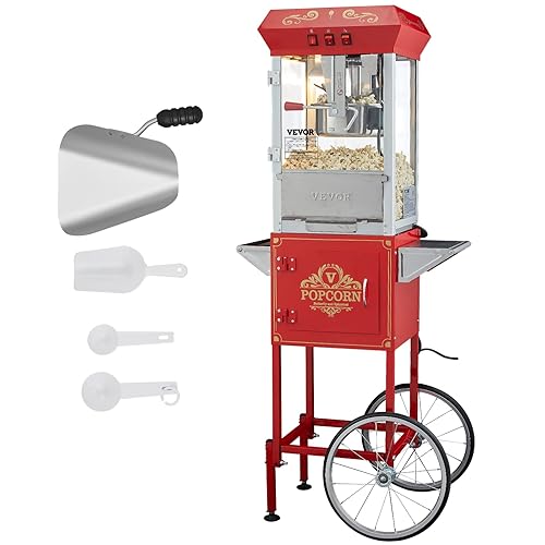 VEVOR Commercial Popcorn Machine, 8 Oz Kettle, 850 W Popcorn Maker on Wheels for 48 Cups per Batch, Theater Style Popper with 3-Switch Control Steel Frame Tempered Glass Doors Cart 1 Scoop 2 Spoons - 8OZ Tabletop with Cart - Red