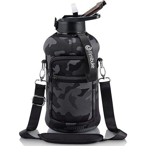 Fimibuke Half Gallon Water Bottle with Sleeve 64 OZ Water Bottle with Handle & Straw Leakproof Motivational Sports Gym Water Bottle with Time Marker BPA Free Water Jug with Reusable Neoprene Holder - Black, Grey