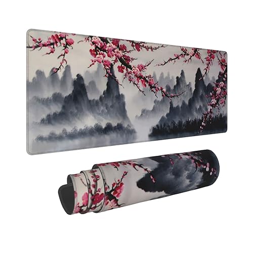 Japanese Sakura Watercolor Painting Extended Mouse Pad 31.5x11.8 Inch Cherry Blossom Flower Non-Slip Rubber Base Mousepad Stitched Edges Keyboard Mouse Mat with Stitched Edges for Gaming and Office - Cherry Blossom 2