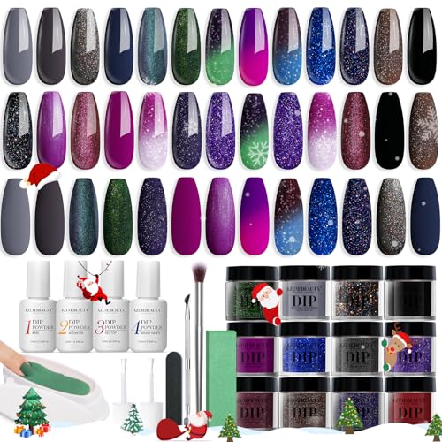AZUREBEAUTY 31Pcs Dip Powder Nail Kit Starter, 20 Colors Color Changing Glitter Purple Green Christmas Gift Dipping Powder Liquid Set with Base/Top Coat for French Nails Manicure Beginner DIY Salon - B1-Cosmic Mirage