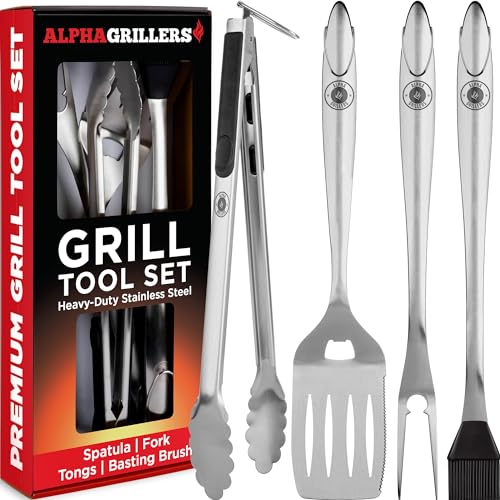 Alpha Grillers Grill Set Heavy Duty BBQ Accessories - BBQ Gifts Tool Set 4pc Grill Accessories with Spatula, Fork, Brush & BBQ Tongs - Grilling Cooking Gifts for Men Dad Durable, Stainless Steel - Grill Tool Set