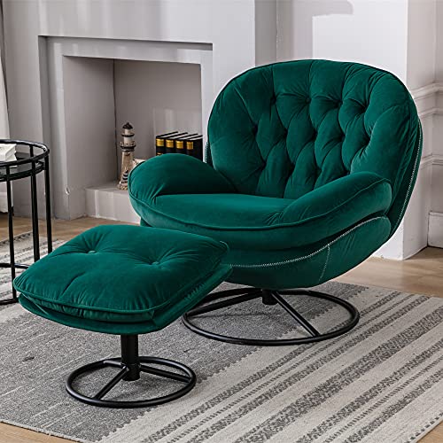 Baysitone Velvet Swivel Accent Chair with Ottoman Set, Modern Lounge Chair with Footrest, Comfy Armchair with 360 Degree Swiveling for Living Room, Bedroom, Reading Room, Home Office (Green) - Green